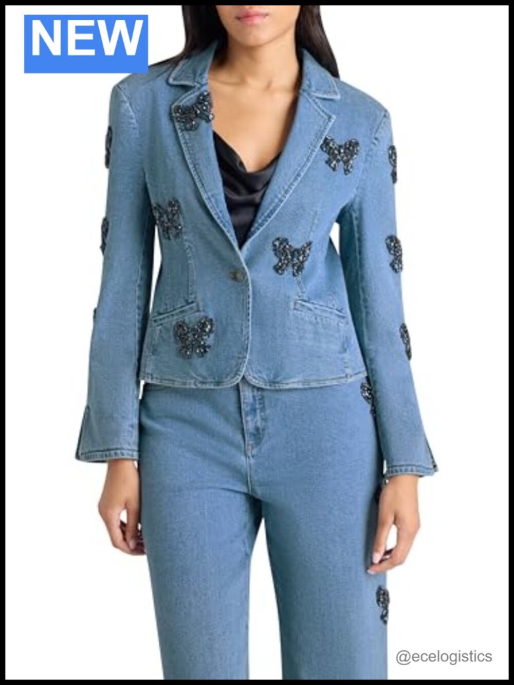 Rhinestone Bow Blazer Notch Lapel Button Front Long Sleeve Cotton Spandex